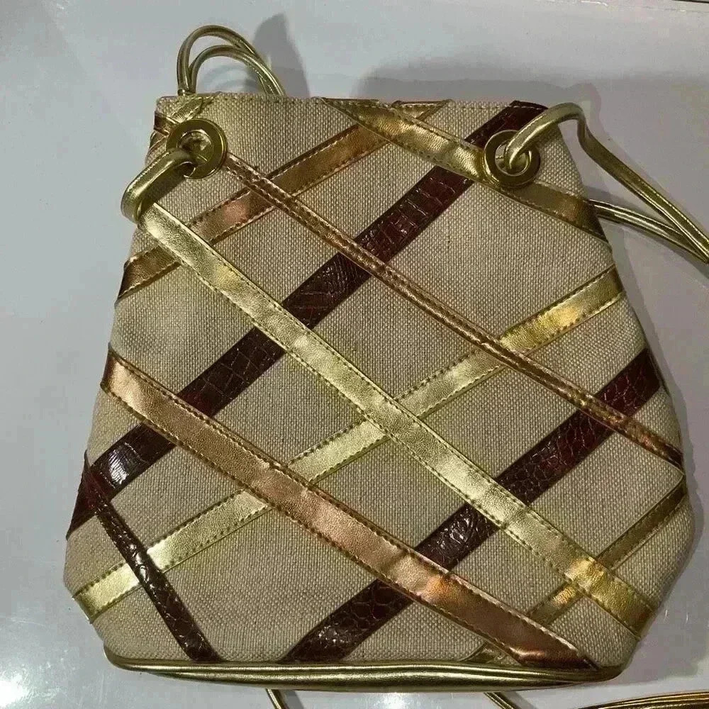 Moda Attiva gold, leather strips, and fabric crossbody bag - Picture 7 of 11